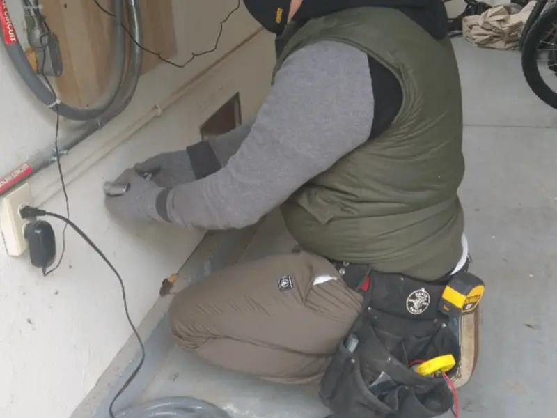 Electrician performing outlet wiring in a Port Vue garage
